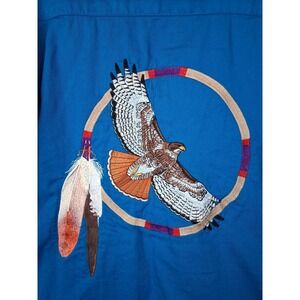 Blue Generation Mens Shirt M Blue Native American Feathers Eagle Embroidered